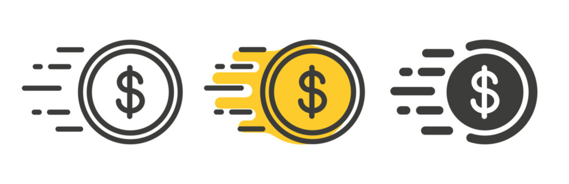 Fast money icon. Quick payment set icons. Prompt financial transactions. Line art.