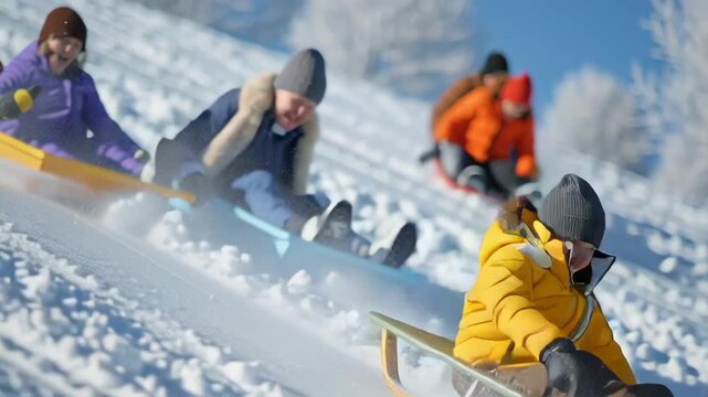 Group of children sledding down a snowy hill on a bright winter day, showing fun excitement and active outdoor play during cold season
