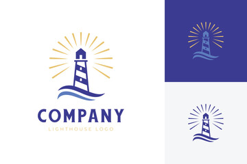 Modern lighthouse logo icon design with ocean waves and sun rays