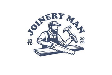 Vintage carpenter or joinery mascot logo template featuring bearded woodworker man holding saw and hammer