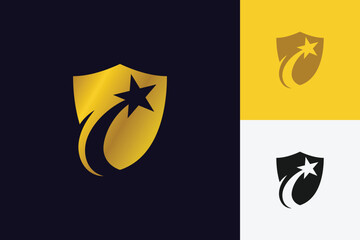 Luxury golden shield logo icon design with rising shooting star symbol for awards logo elements