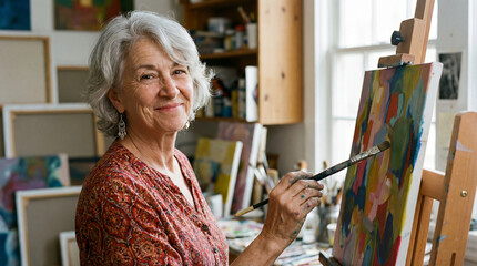 Woman is painting a picture