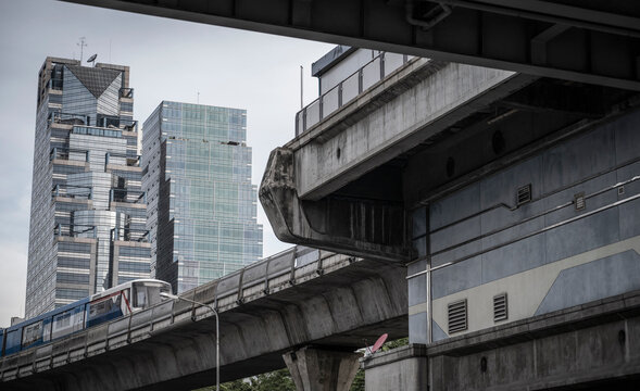 skytrain at the busy Sathorn area in Bangkok