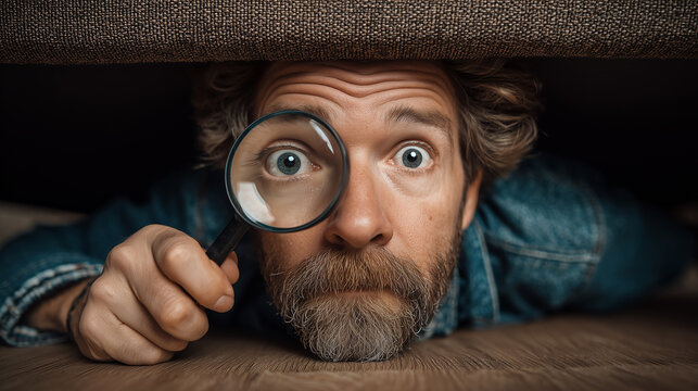 Funny man looking through magnifying glass while searching under furniture, humorous close-up with curious facial expression