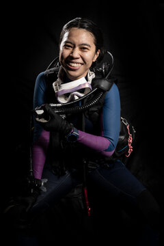 portrait of scuba diver in full gear in Thailand