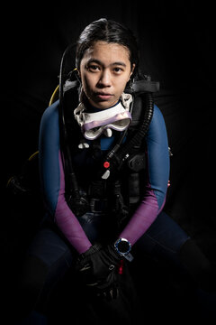 portrait of scuba diver in full gear in Thailand