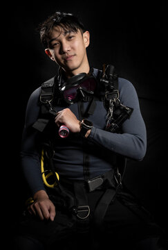 portrait of scuba diver in full gear in Thailand