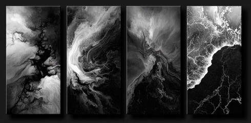 Black & white abstract panels show clouds, smoke, ocean views