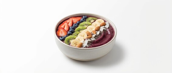 Perfect healthy vibrant smoothie bowl top fresh fruit nut seed acai Easy tasty vegan detox treat breakfast easy strawberry blueberry berry oatmeal cashew, almond peanut refresh on white background