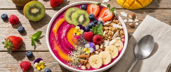 Vibrant healthy smoothie bowl fresh fruit nut seed top perfect easy vegan detox breakfast treat strawberry.