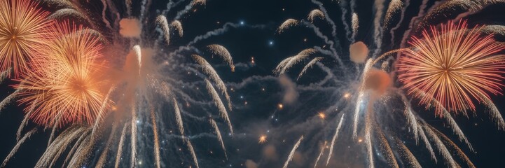 Vibrant fireworks exploding in the night sky with bright orange and white bursts and trailing sparks