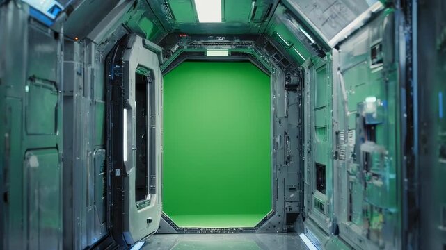 Futuristic metallic corridor with an open doorway revealing a green screen