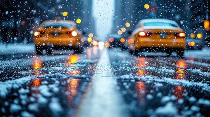 Urban street scene with snow, lights and vehicles