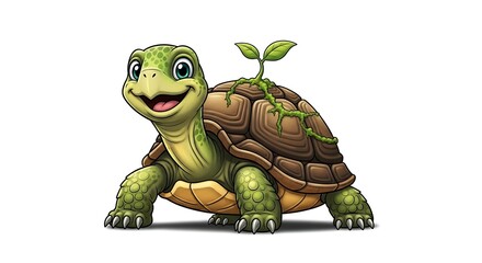 Fototapeta premium Happy Cartoon Turtle with Green Sprout.