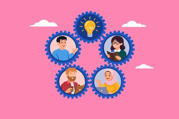 teamwork collaboration with knowledge for success illustration with the concept of several business people working to rotate connected cogwheels gear, teamwork with the skill to drive company concept