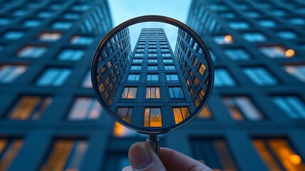Urban tower magnified through a magnifying glass