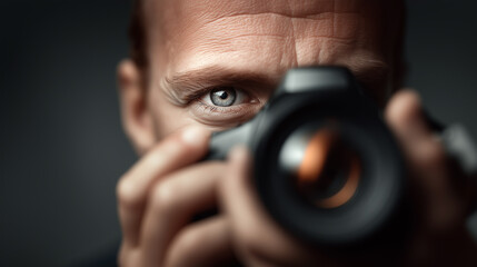 Close-up portrait of a man with blue eyes holding a camera, intense focus in low key lighting