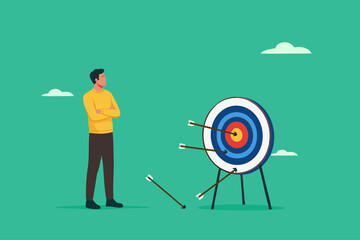 analyze the achievement of business targets, examine whether the marketing strategy suits the target audience, evaluating the competition in target market, businessman checking arrows on target board