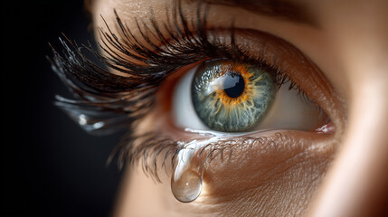 Close-up of human eye with colorful iris and teardrop, emotional expression and detailed eyelashes