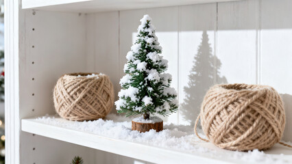 Christmas-Style White Shelf & Mini Christmas Tree Scene Photography
