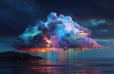 Digital art featuring a glowing cloud over a calm sea under a dramatic, darkened sky