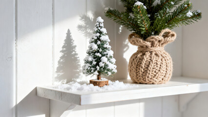 Christmas-Style White Shelf & Mini Christmas Tree Scene Photography