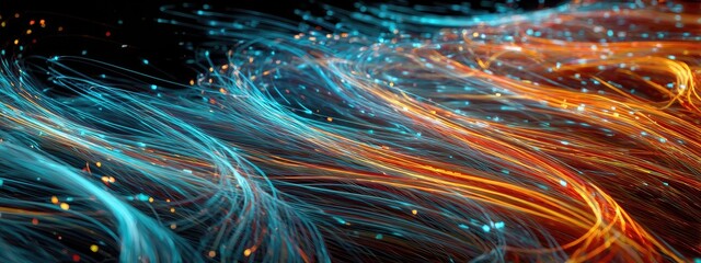 A dynamic, swirling composition of blue and orange lines with tiny floating dots on a black backdrop