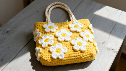 Yellow Daisy Crocheted Bag Still Life Photography