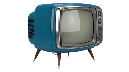 Vintage blue television set on retro style legs isolated on transparent background