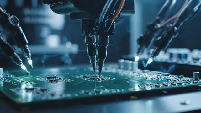 Multiple robotic arms soldering components onto a circuit board with sparks flying everywhere