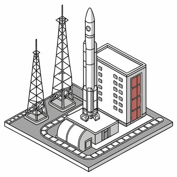 Isometric view of a rocket on a launchpad with towers and a building