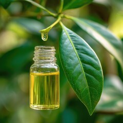 Oil in vial below leaf, with droplet, blurred leafy background