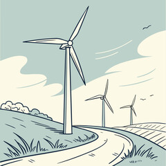 Wind turbines on rolling hills with winding road renewable energy © MST RAMIJA