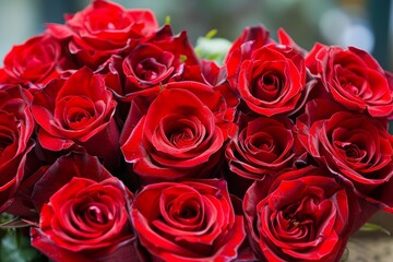 Obraz premium Close up of beautiful blooming red roses, creating a romantic and passionate atmosphere