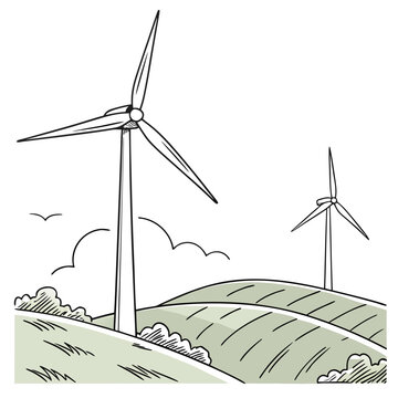 Wind turbines on rolling green hills with clouds and birds