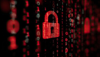 Digital rendering featuring a glowing red padlock amidst a flowing cascade of binary code on a dark background