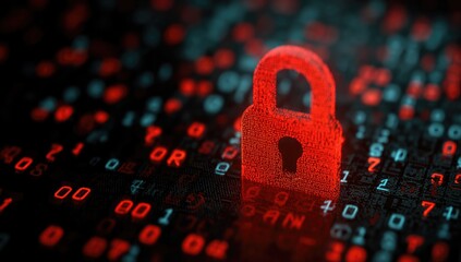 Glowing red padlock over a matrix of binary code representing cyber security