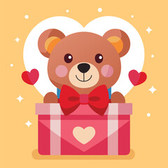 Fototapeta premium Adorable teddy bear illustration emerging from a gift box for a celebration of love