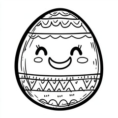 A black and white illustration of a decorated egg with a smiling face.