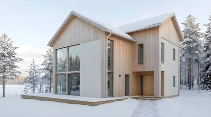 Modern two story wooden house in a snowy winter forest