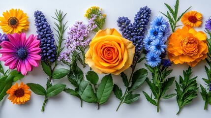 Variety of flowers in a row on white surface