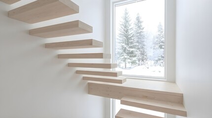 Minimalist interior with floating wood stairs and winter forest view