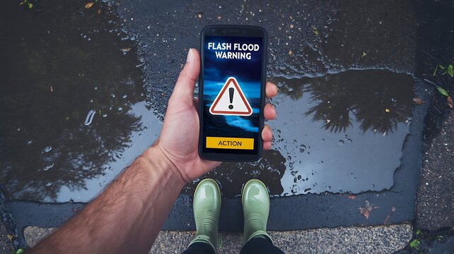 Mobile phone showing flash flood warning alert during rainy night street

