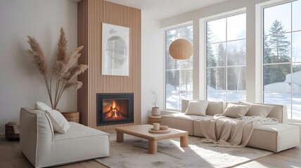 Minimalist living room with wooden accents and snowy window view