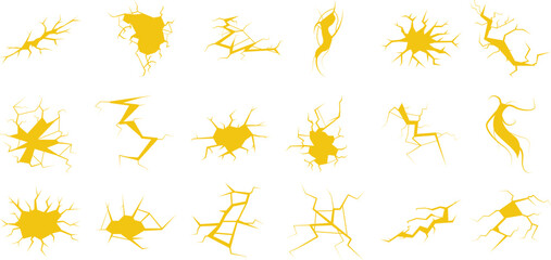 Collection of Yellow Cracked and Broken Glass Effects on White Background
