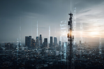 Tower connects a vibrant city skyline with digital data flow at nighttime