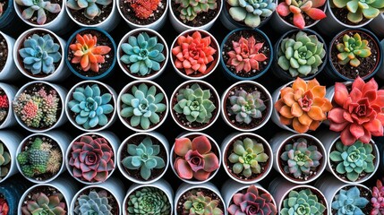Variety of succulents in small pots arranged neatly