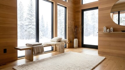 Modern wooden interior with large windows overlooking snowy winter landscape