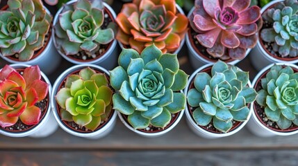 Variety of succulents in white pots, top view