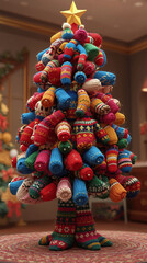 Christmas tree by knitted sweaters in the signature with a unique blend of colors and textures, set against a warm and inviting background